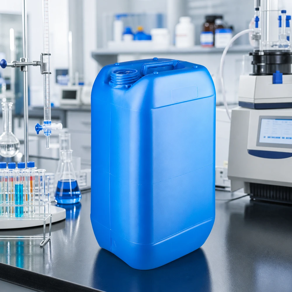 Bidón 15 litros azul sin tapa Bidón azul vacío de 15 litros sin tapa, colocado en un entorno de laboratorio profesional
