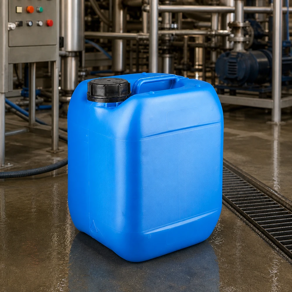 Jerrycan 5 litros azul con tapón de rosca cierre inviolable Bidón industrial azul de 5 litros con tapón de rosca OV en una planta de producción química