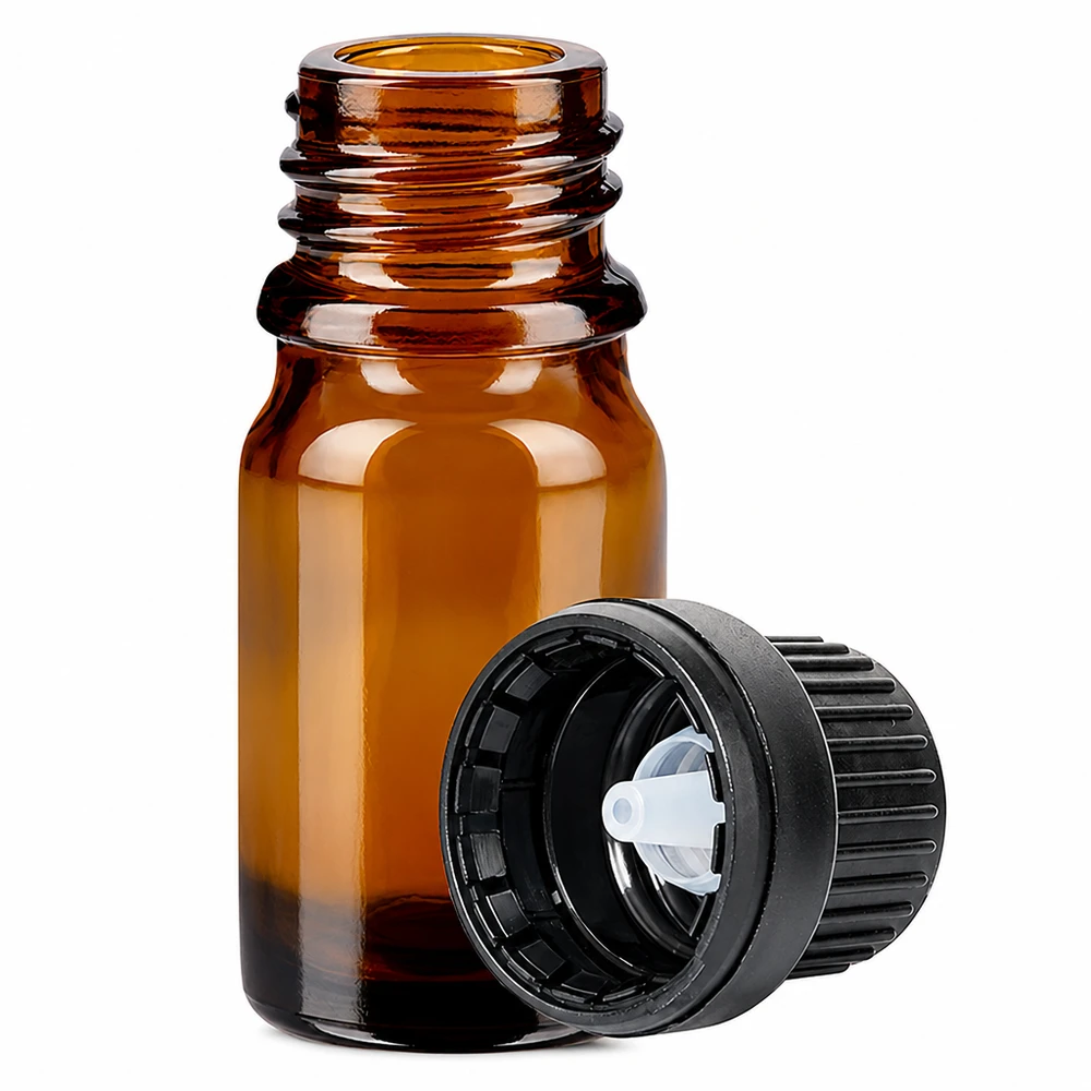 Frasco de vidrio ámbar de 5 ml con pico cuentagotas de 2 mm y tapón de rosca negro para una dosificación precisa