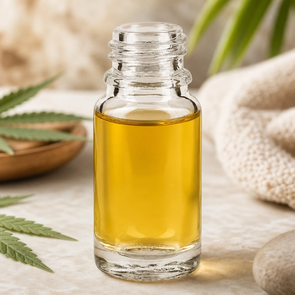 Botella de farmacia de 10ml ClearLine UT18/10 UNiTWIST Frasco de farmacia transparente ClearLine DIN18 de 10 ml con aceite de CBD amarillo sobre un fondo natural