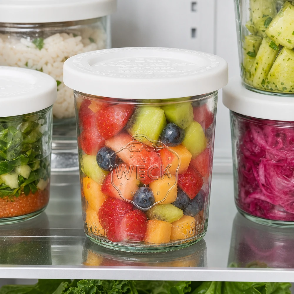 Vaso WECK 160ml RR60 con ensalada de frutas de colores en la nevera - Recipiente Meal prep para fruta fresca