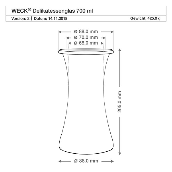 Juego de 6 tarros Weck de 700 ml para delicatessen con tapa de cristal WECK tarro delicatessen 700ml RR80 dibujo técnico con dimensiones 88mm diámetro 205mm altura Especificación del producto