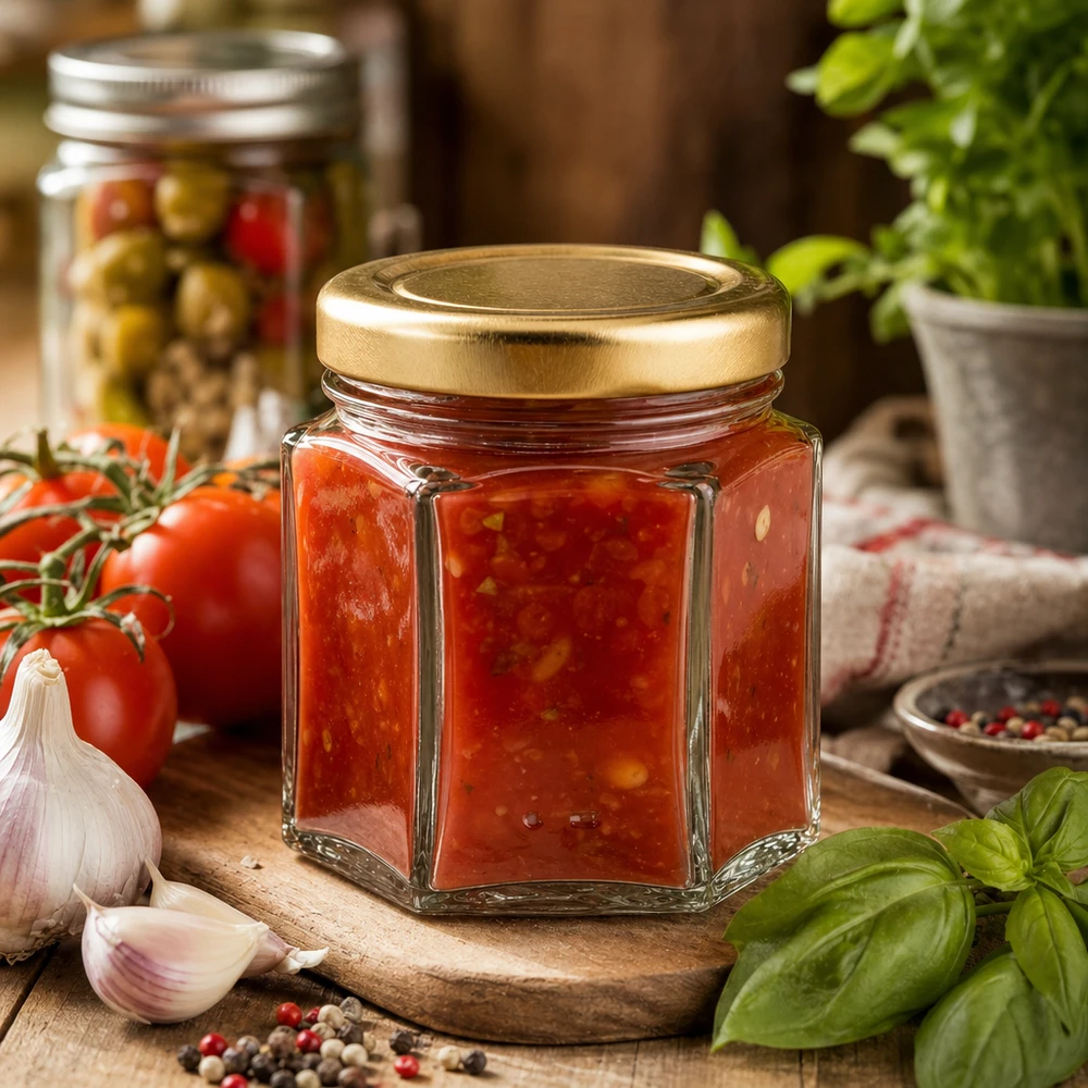 Tarro hexagonal de miel de 60 g relleno de mermelada de tomate rodeado de tomates frescos, ajo y albahaca