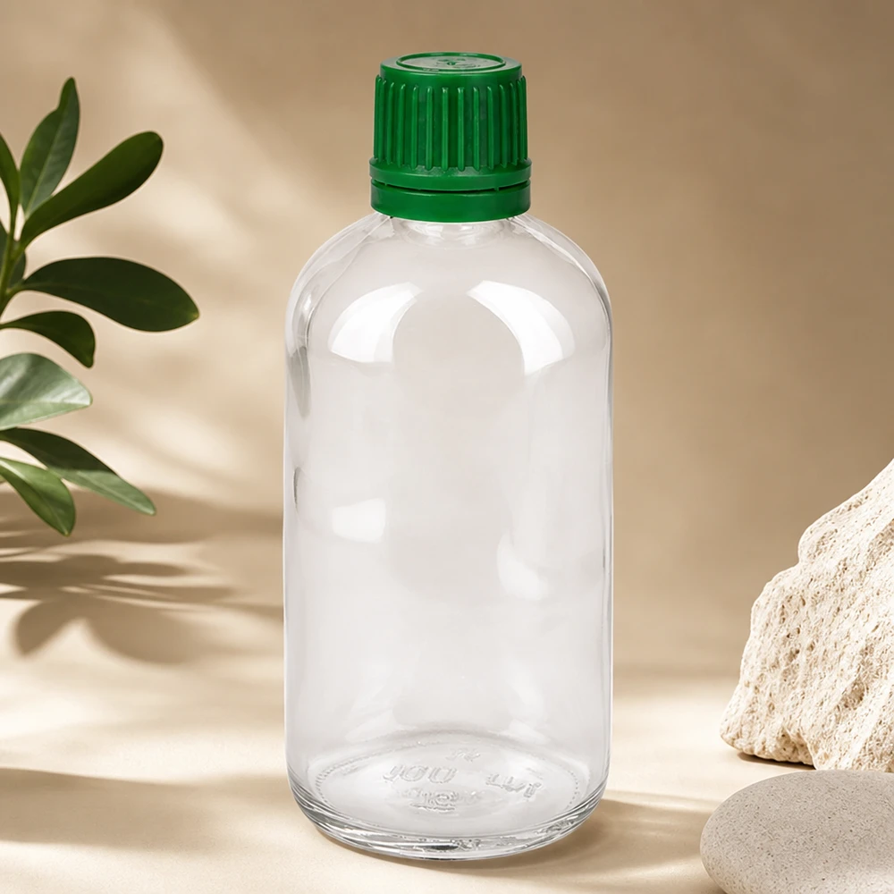 Frasco de farmacia transparente ClearLine de 100 ml con tapón verde a prueba de niños de 11 mm SV OV