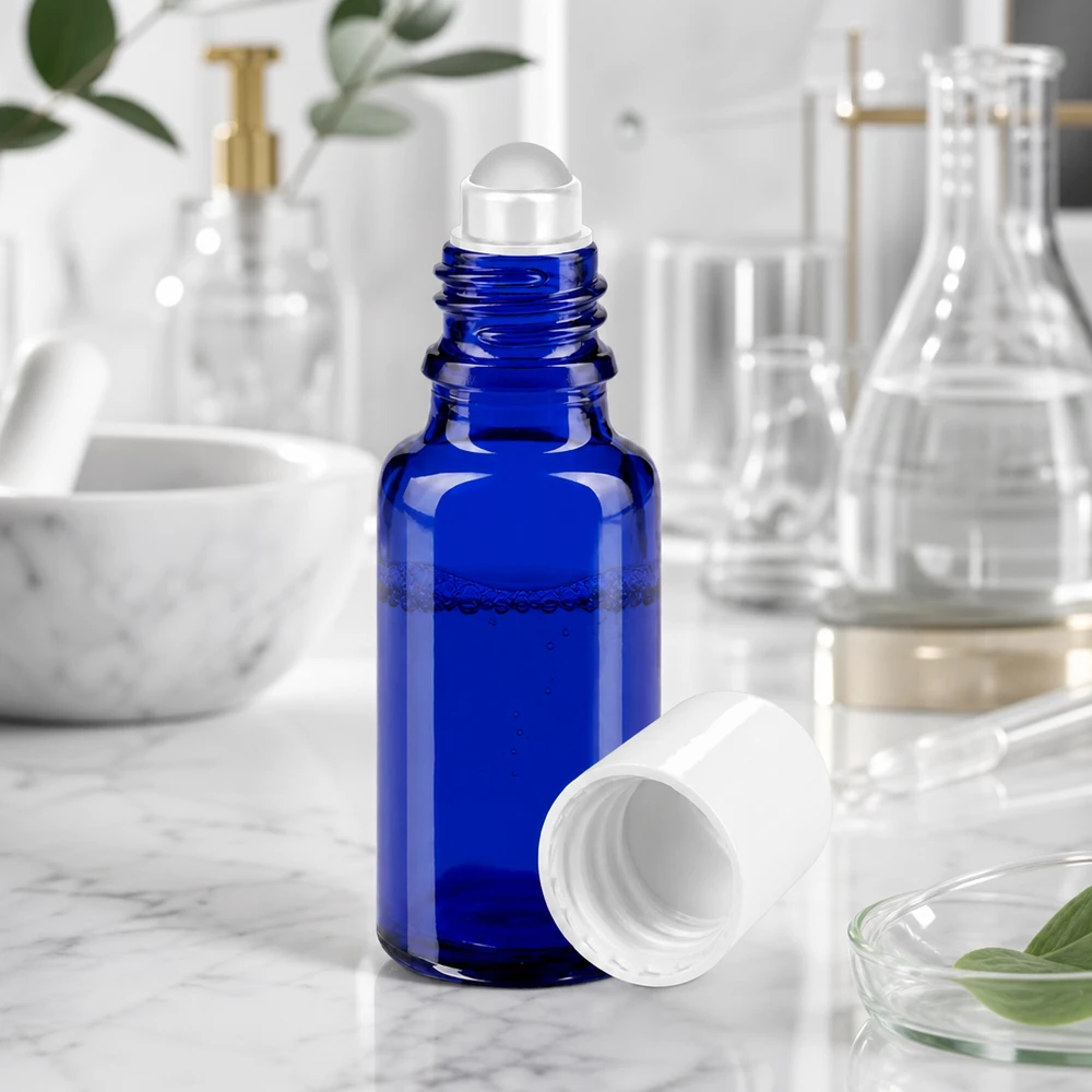 Botella de farmacia azul 20ml tapón roll-on blanco Frasco roll-on abierto de 20 ml, de cristal azul de farmacia, con bola rodante transparente sobre fondo de mármol