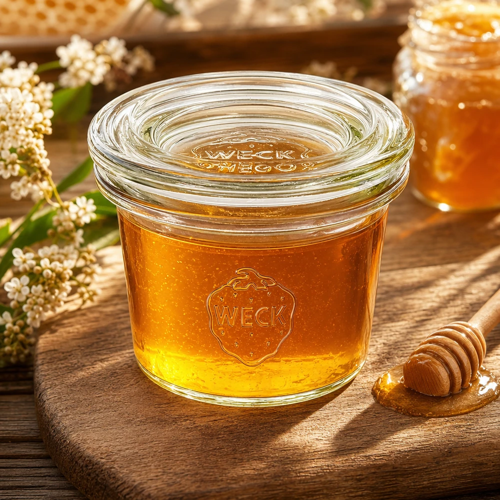 WECK tarro de cristal 35ml RR40 lleno de miel entre flores sobre tabla de madera muestra uso natural