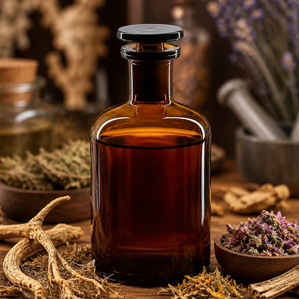 Botella de hombros redondeados de 100 ml, de color marrón, con tapón de cristal, rodeada de hierbas medicinales y raíces secas