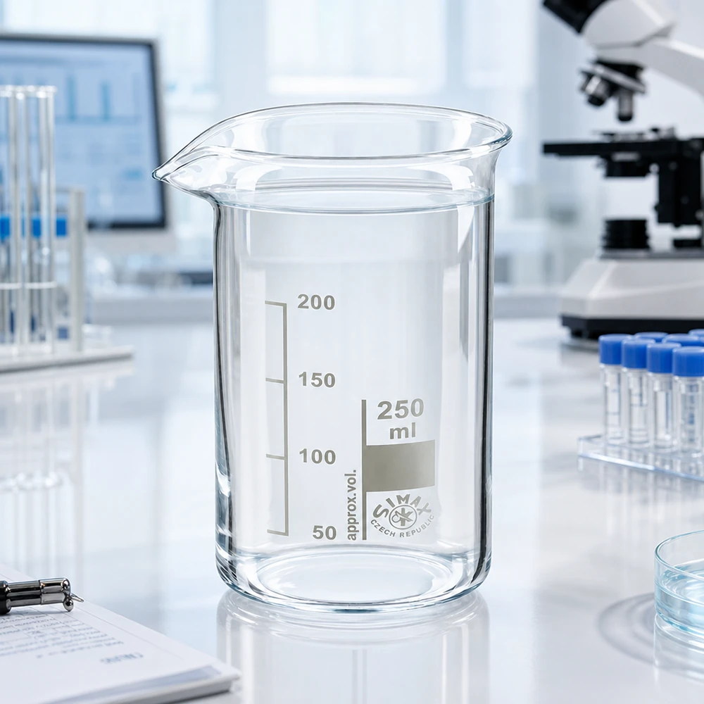 Vaso de precipitados transparente de 250 ml, de forma alta, de vidrio borosilicato SIMAX con graduación en blanco