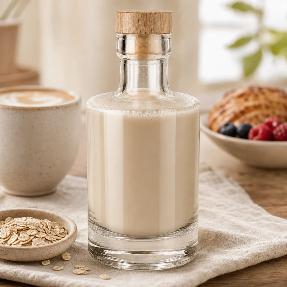 Botella de vidrio de 200 ml «Marie» con tapón de corcho con asa de madera UNiTWIST® 200ml Glasflasche Marie mit cremiger Hafermilch befüllt, Holzkorken, gemütliches Frühstücks-Ambiente mit Haferflocken un