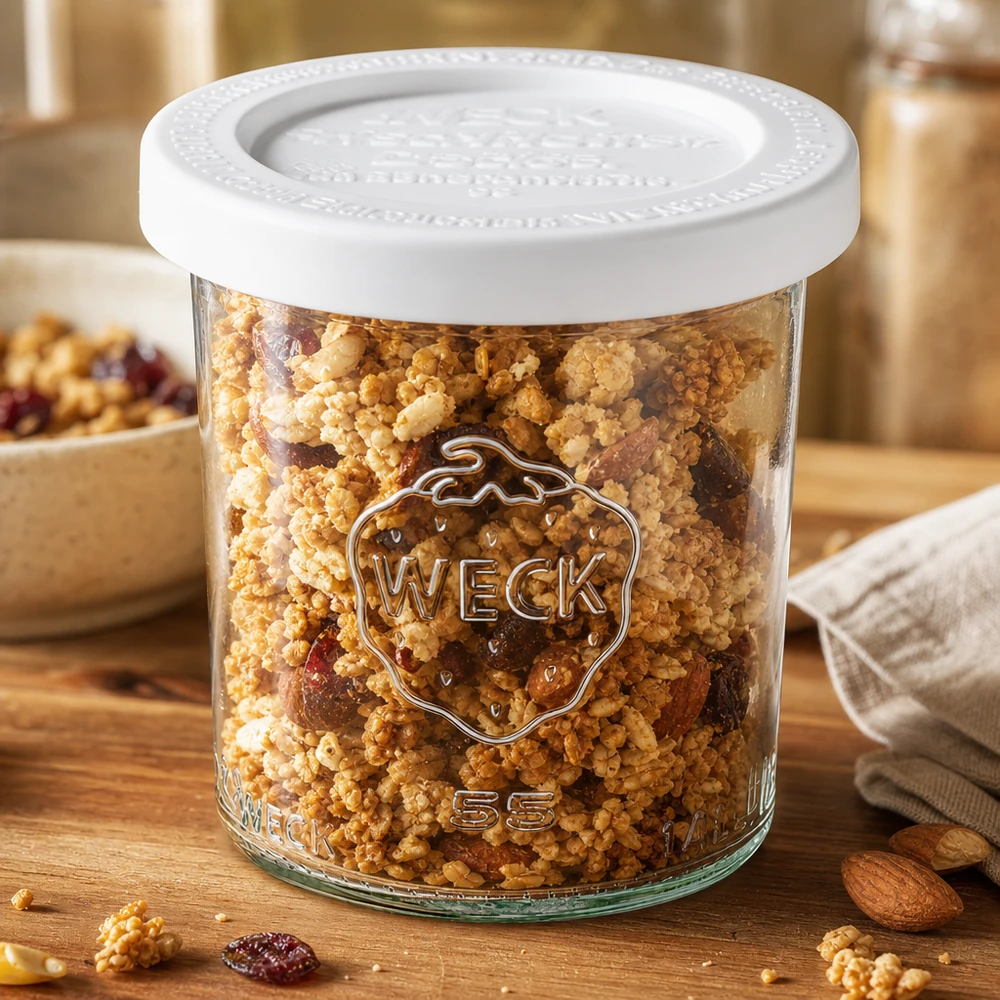 Vaso de cristal de 140 ml con tapa hermética WECK RR60 Tarro de almacenamiento RR60 WECK de 140 ml lleno de muesli y frutos secos - tarro de almacenamiento versátil para alimentos secos