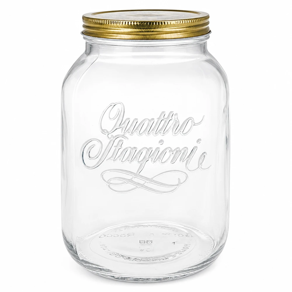 Tarro redondo "Quattro Stagioni" de 3000 ml con tapa Tarro redondo vacío Quattro Stagioni de 3000 ml con tapa de rosca dorada y logotipo en relieve sobre fondo blanco