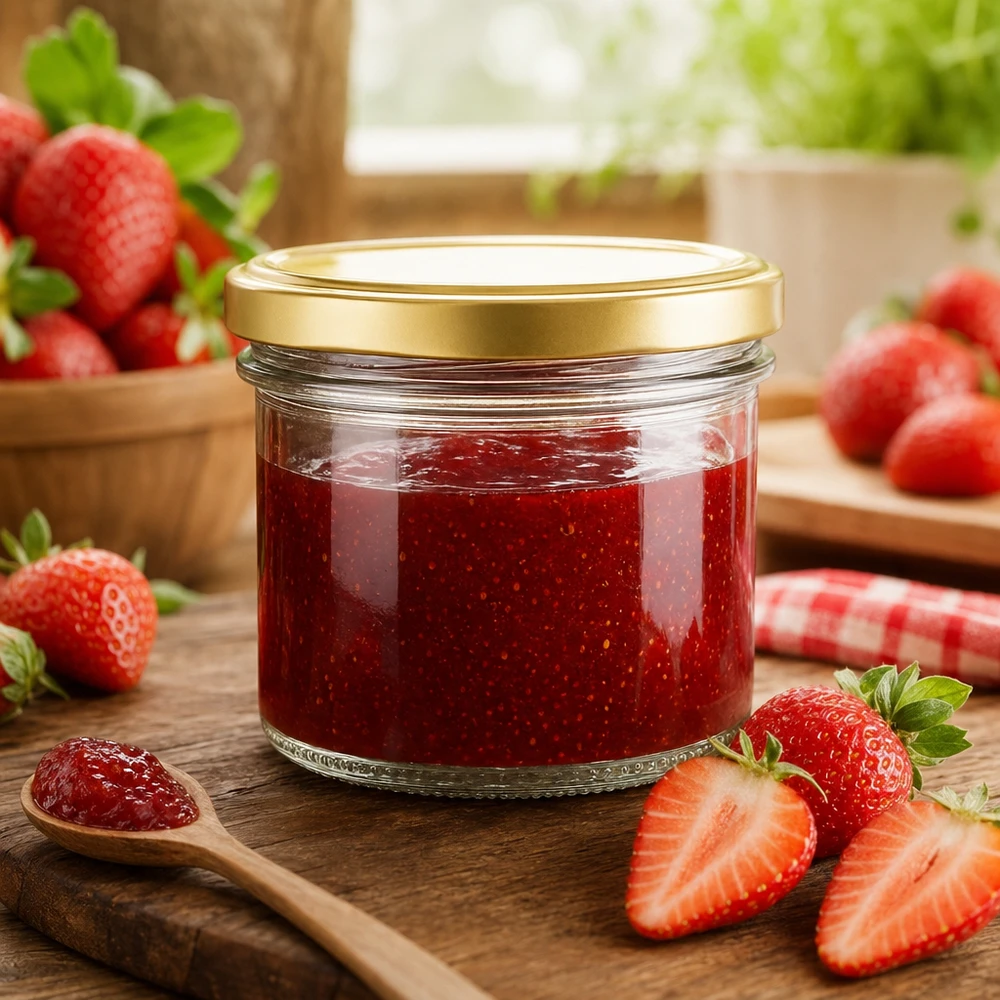 Vasos de 125ml con tapa BasicSeal oro UNiTWIST 125ml Sturzglas mit goldenem BasicSeal Deckel gefüllt mit Erdbeermarmelade auf Holzbrett mit frischen Erdbeeren