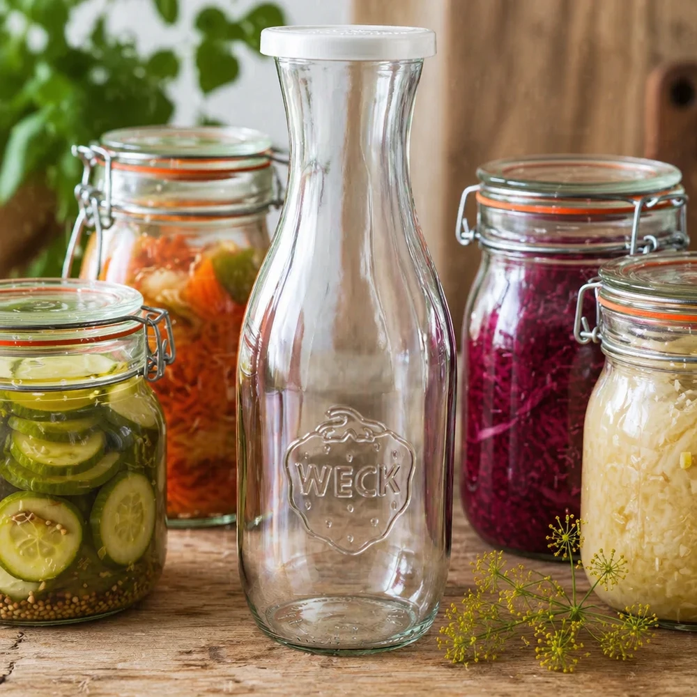 Botella para zumos de 1062 ml con tapa hermética WECK RR60 WECK Saftflasche 1062ml mit Frischedeckel als stilvolle Dekoration zwischen bunten Einmachgläsern mit eingelegtem Gemüse