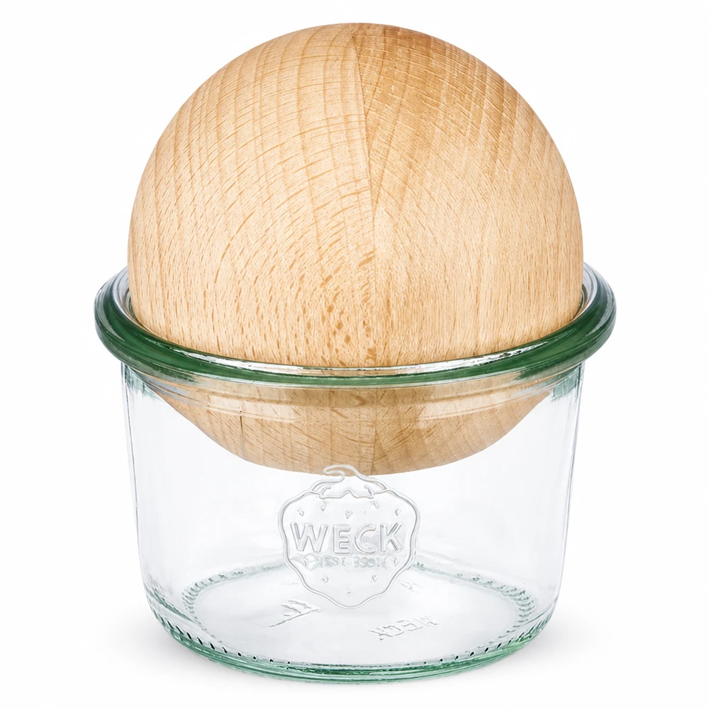 Vasos de 80ml WECK RR60 con bola de madera de haya Vasos WECK 80ml RR60 con tapa de madera de haya sobre fondo blanco