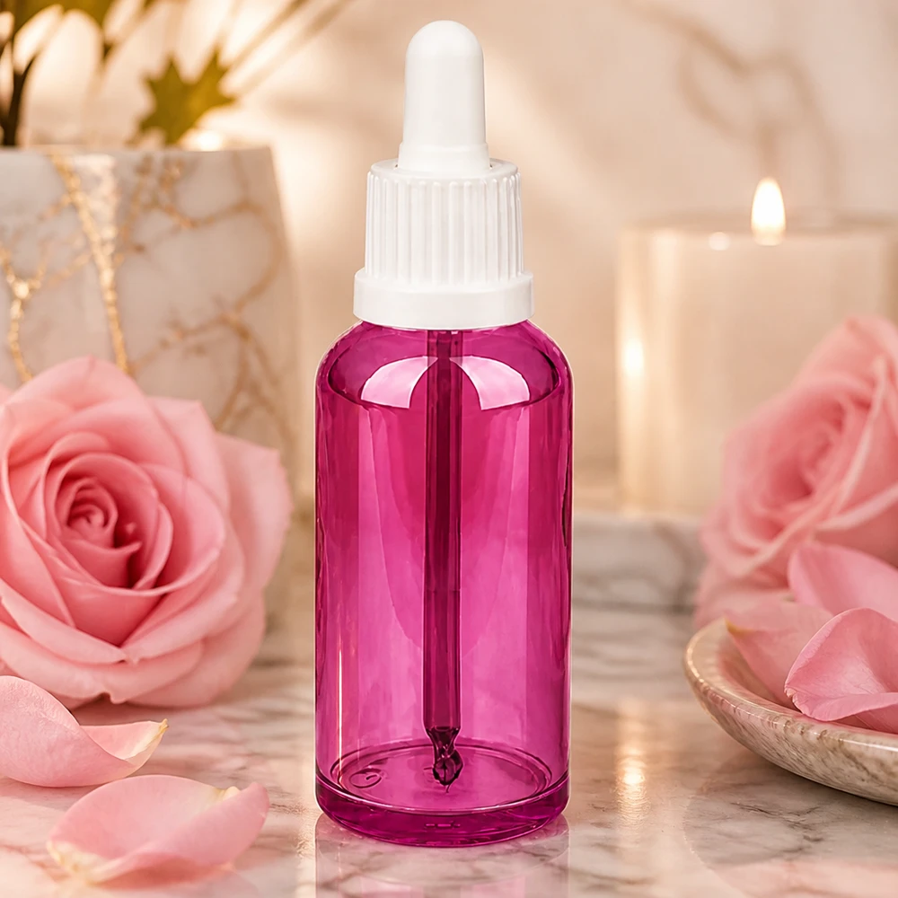 Frasco pipeta Línea Morada 50ml con tapón cuentagotas blanco para belleza y aromaterapia