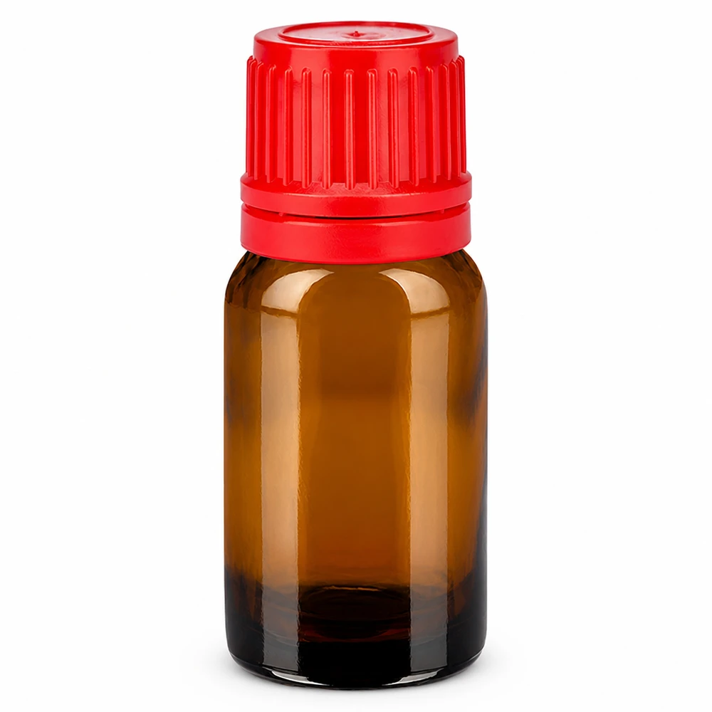 Botella 10ml tapón rosca 11mm rojo BrownLine UT18/10 Frasco de vidrio ámbar de 10 ml con tapón de rosca rojo para aceites esenciales y medicamentos