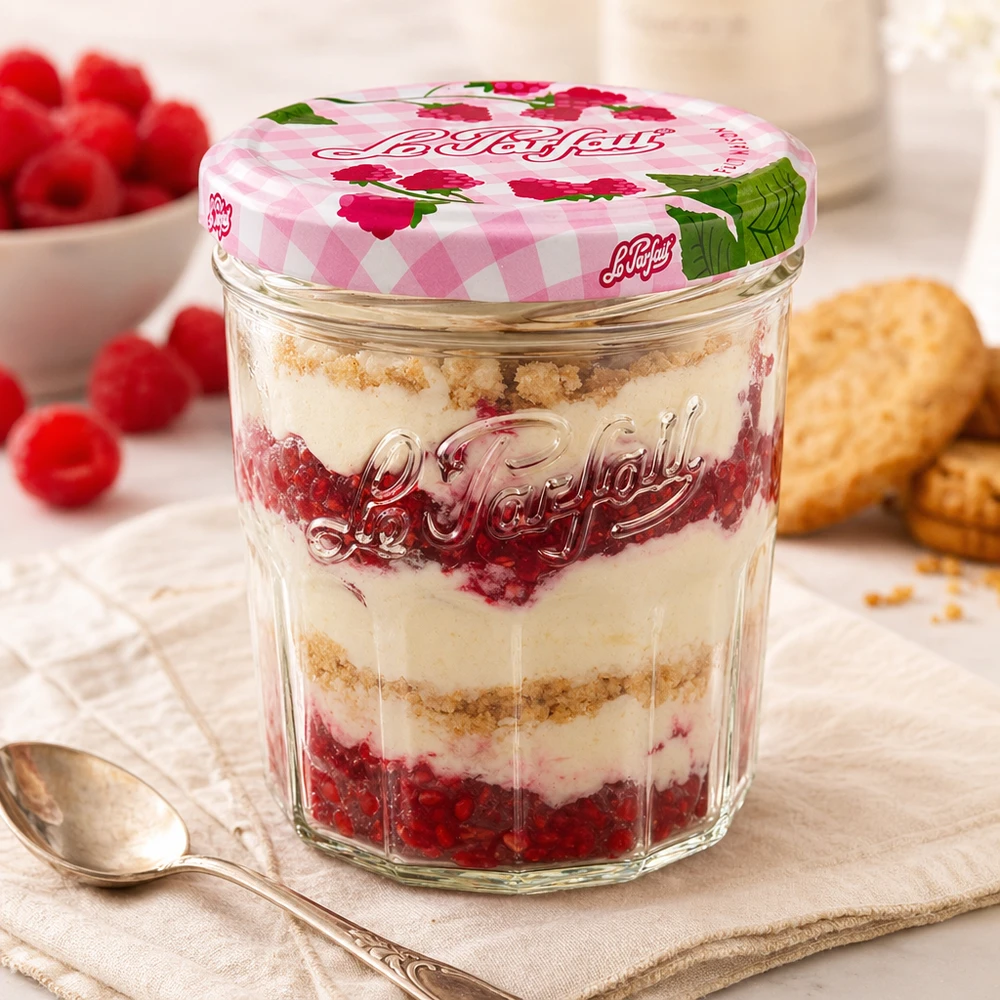 Vasos Le Parfait de 324 ml con postre de frambuesa y mascarpone y tapa de rosca decorativa junto a cuchara y galletas