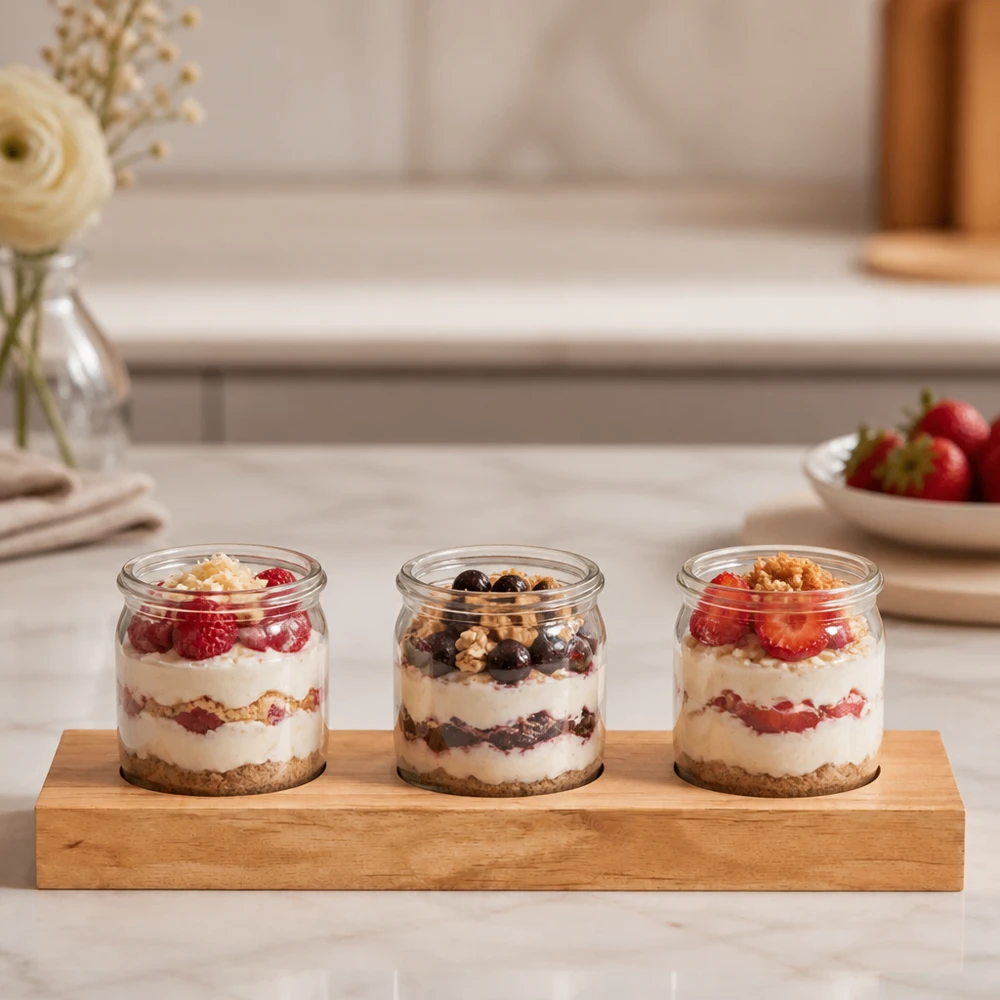 Plano3 tabla de servir con tres tarros WECK llenos de postres de yogur y bayas sobre una encimera de cocina de mármol