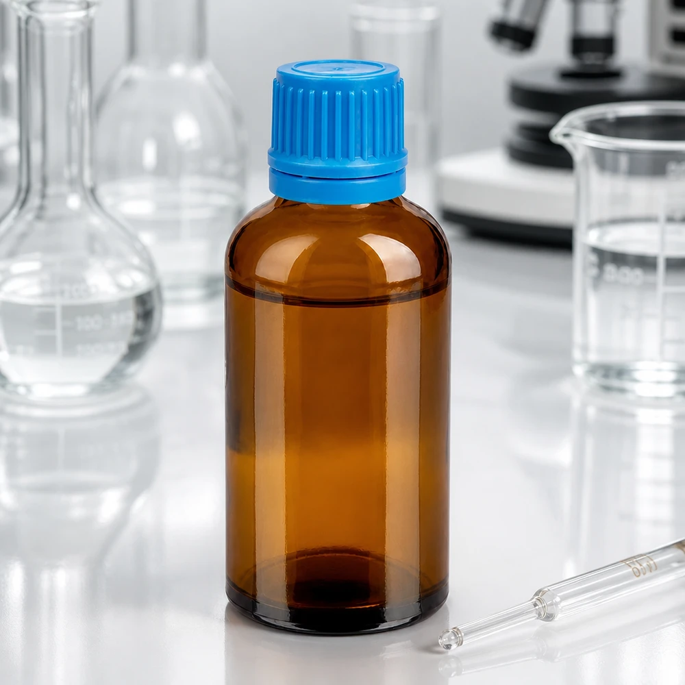 Botella 50ml tapón rosca 11mm azul cierre inviolable BrownLine UT18/50 Frasco de vidrio de 50 ml de alta calidad en marrón con tapón azul para aplicaciones de laboratorio y productos químicos