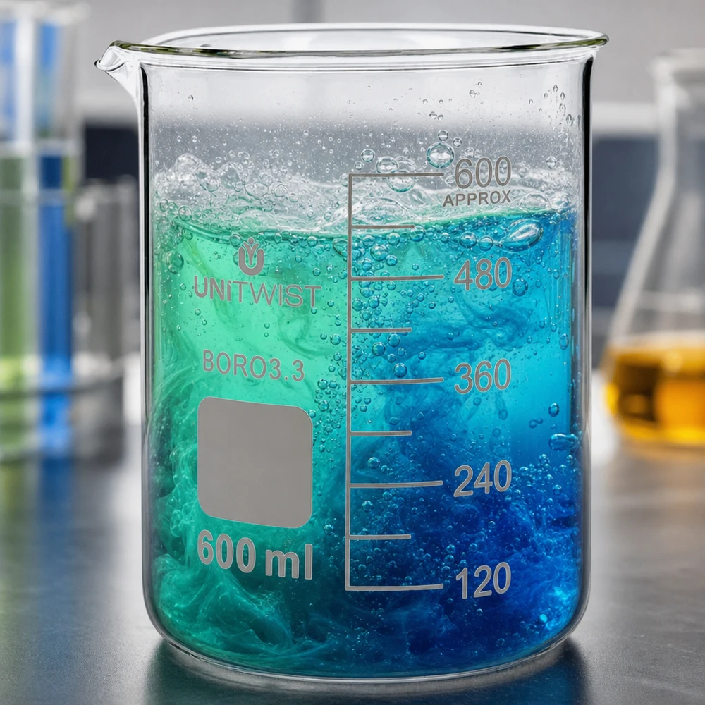 Vaso de vidrio UNiTWIST de 600 ml de borosilicato con reacción de color verde-azul y formación de burbujas