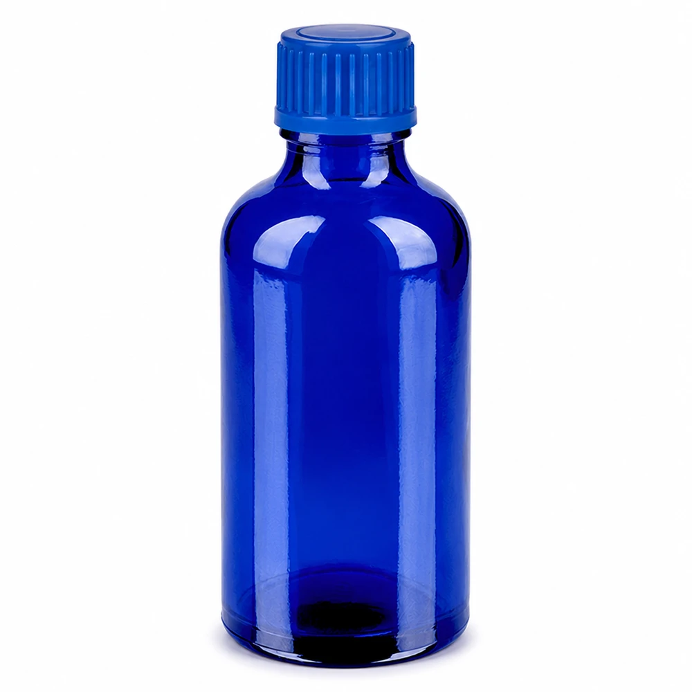 Frasco 50ml 11mm tapón rosca azul estándar BlueLine UT18/50 Frasco de cristal azul de 50 ml con tapón de rosca para aromaterapia y aceites esenciales