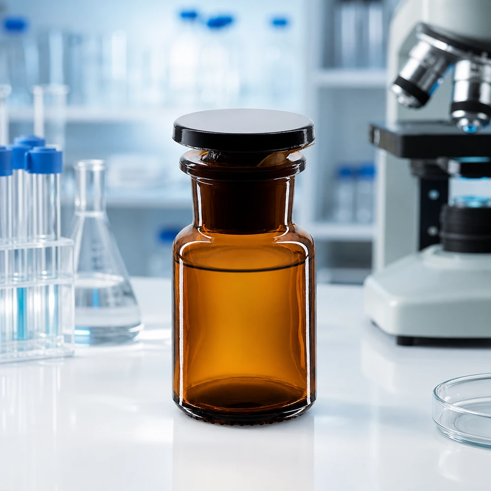 Frasco opaco de 50 ml de cuello ancho con tapón de cristal para uso en entornos de laboratorio profesionales