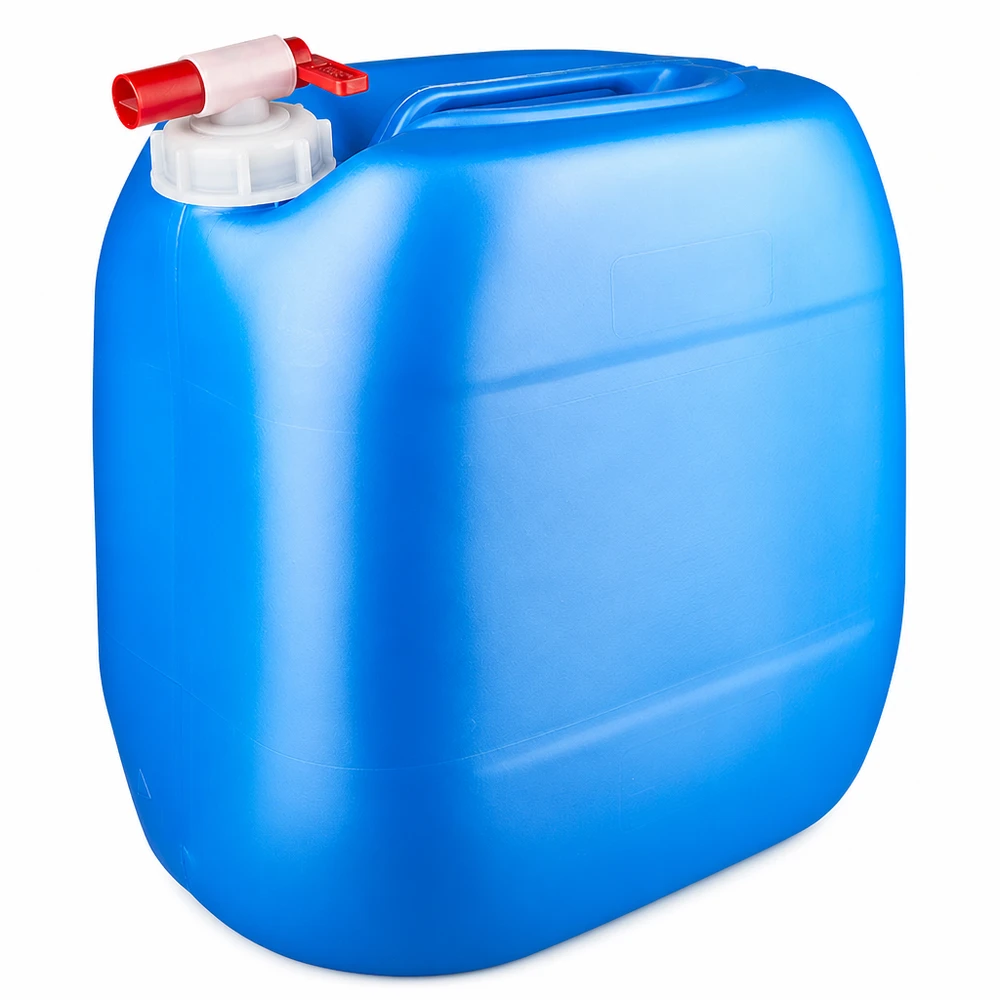 Bidón de plástico azul de 30 litros con grifo de salida rojo y tapón de rosca blanco