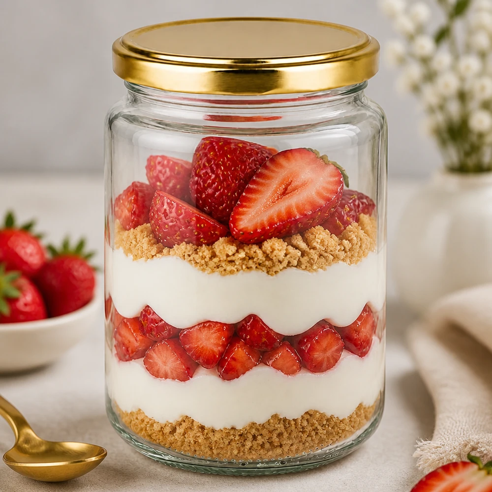 Vaso redondo de 382 ml con tapa dorada como vaso de postre con fresas y migas de galleta en un elegante ambiente de cocina