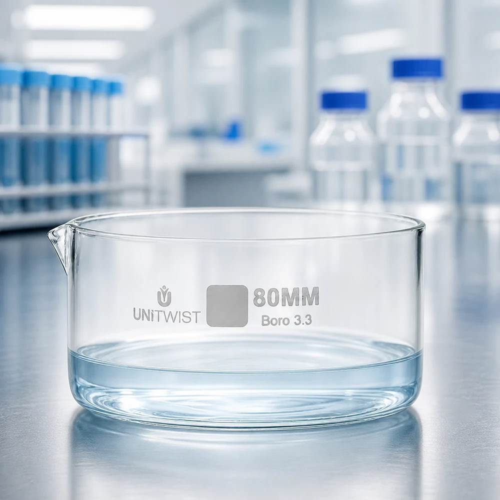 Cristalizador ø80mm vidrio borosilicato UNiTWIST Bandeja de cristalización de 80 mm de vidrio borosilicato 3.3 UNiTWIST con agua sobre una superficie de acero inoxidable en el laboratorio