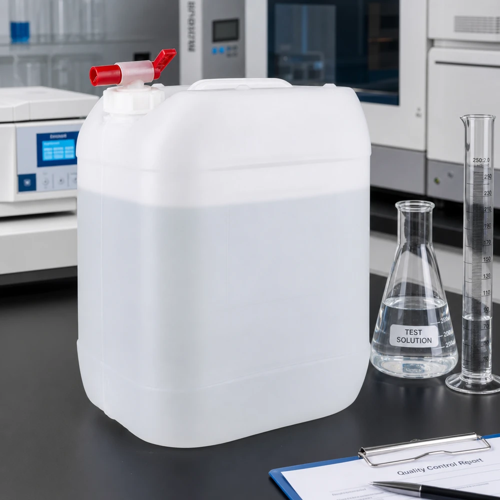 Bidón de 20 litros con grifo de vaciado Bidón blanco vacío de 20 litros con grifo de salida rojo sobre una encimera de laboratorio negra
