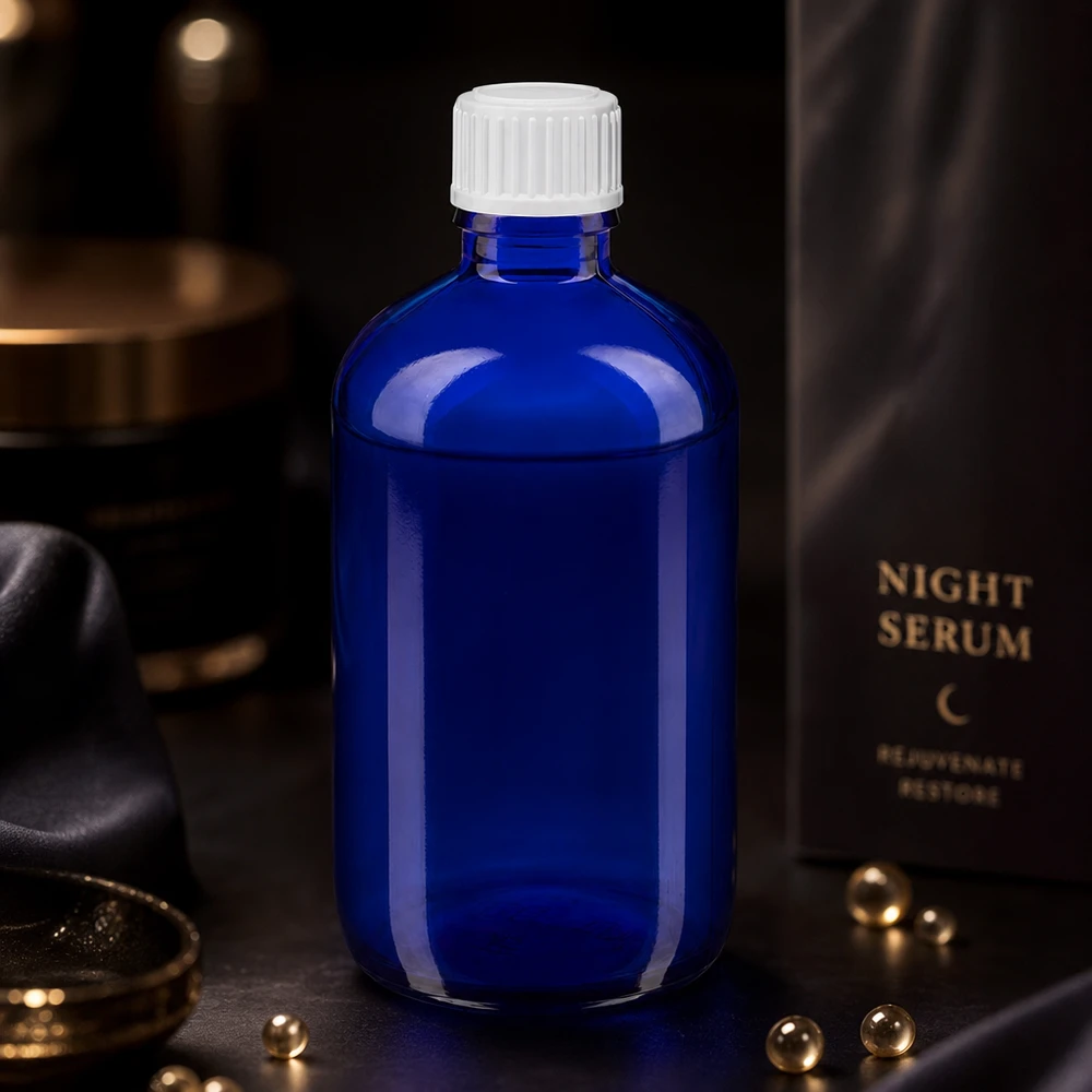 Frasco cuentagotas con protección contra la luz de 100 ml en azul cobalto con un dosificador de precisión de 0,9 mm para sueros