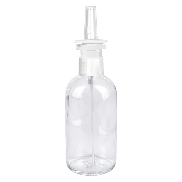 Frasco spray nasal 100ml blanco/transparente cierre estándar ClearLine UT18/100 Frasco de spray nasal transparente ClearLine de 100 ml con pulverizador blanco y boquilla nasal