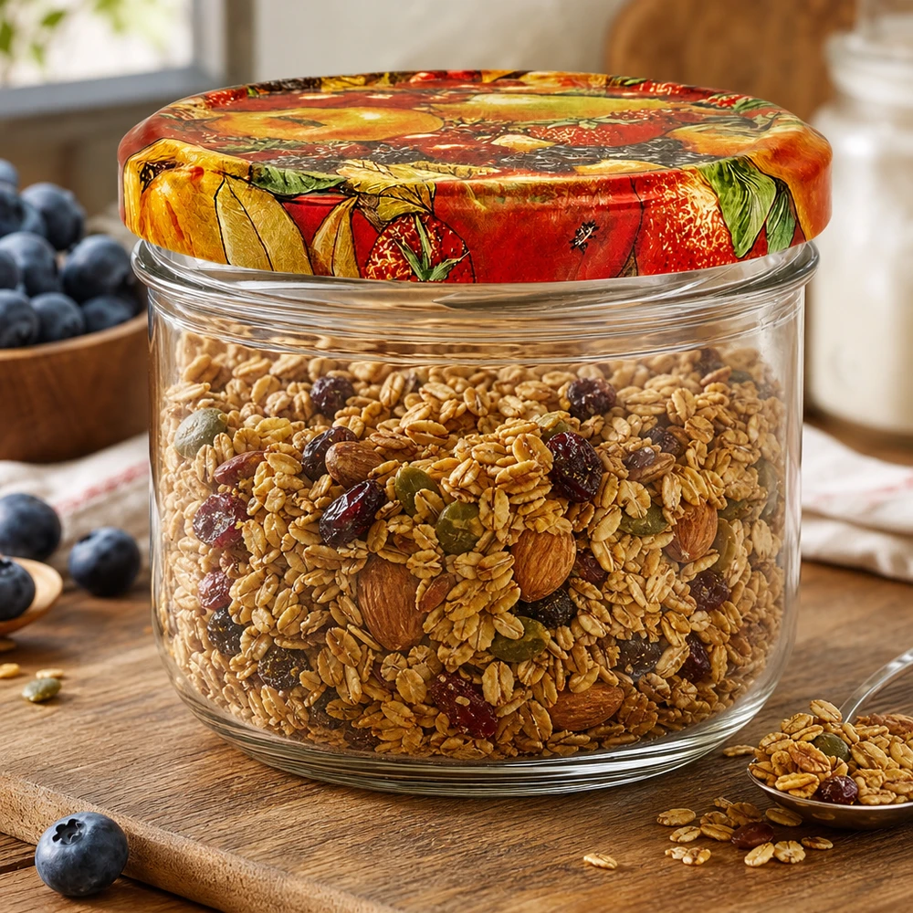 Vasos 260ml + tapa BasicSeal decoración frutas UNiTWIST Tarro de conserva de 260 ml con tapa de frutas relleno de muesli y frutos secos como recipiente de almacenamiento en la cocina
