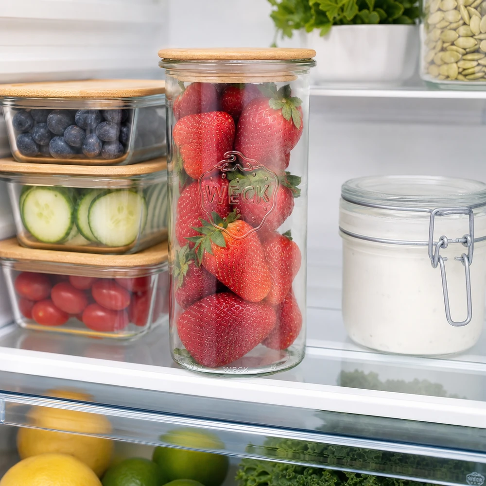 Vasos WECK RR100 de 1500ml con tapa de madera WECK Sturzglas 1500ml RR100 mit Holzdeckel im Kühlschrank gefüllt mit frischen Erdbeeren für Frischhaltung