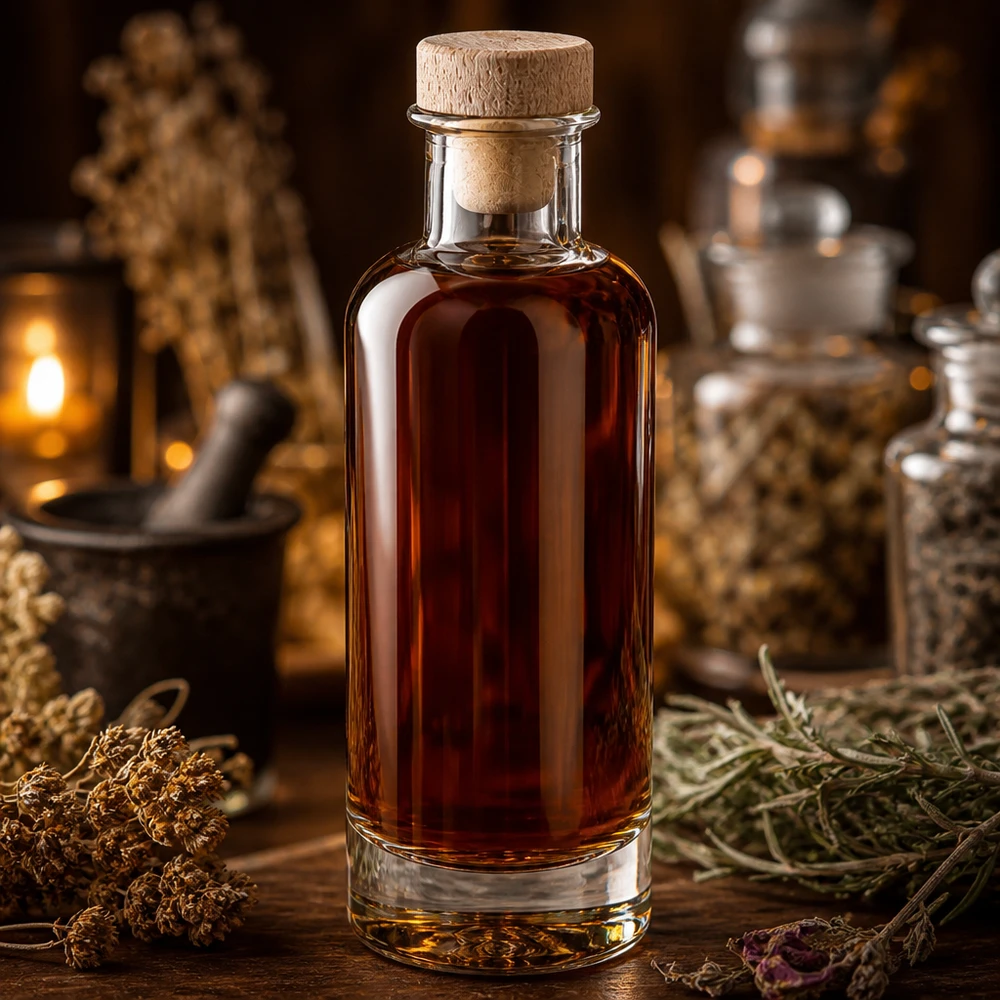 Botella de vidrio de 200 ml «Ella» con tapón de corcho con asa de madera UNiTWIST® 200ml Glasflasche Ella mit Holzkorken gefüllt mit braunem Elixier in rustikaler Alchemisten-Atmosphäre mit Kräutern