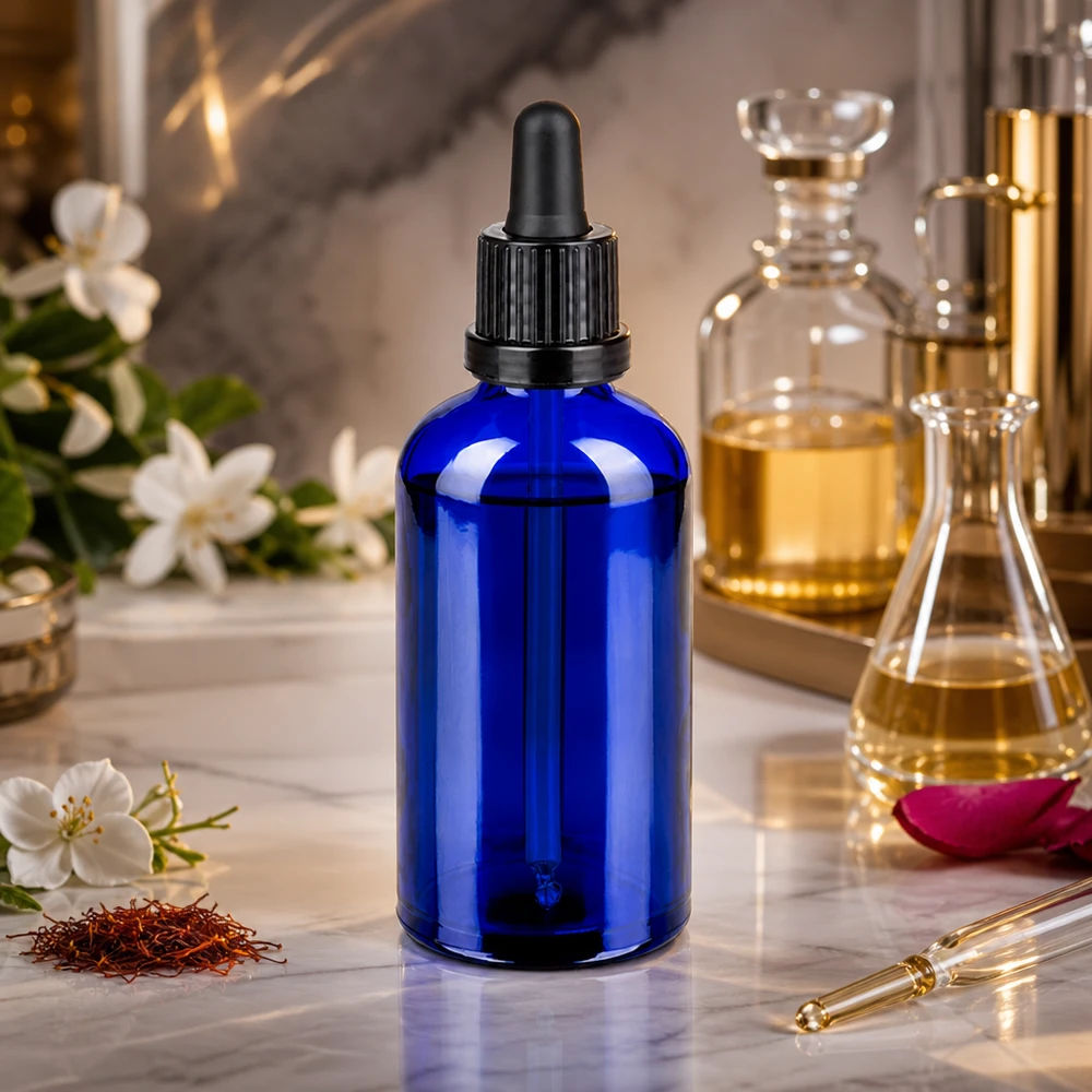 Frasco pipeta 100ml cierre inviolable negro BlueLine UT18/100 Elegante frasco pipeta azul de 100 ml de vidrio robusto con tapón cuentagotas ergonómico negro