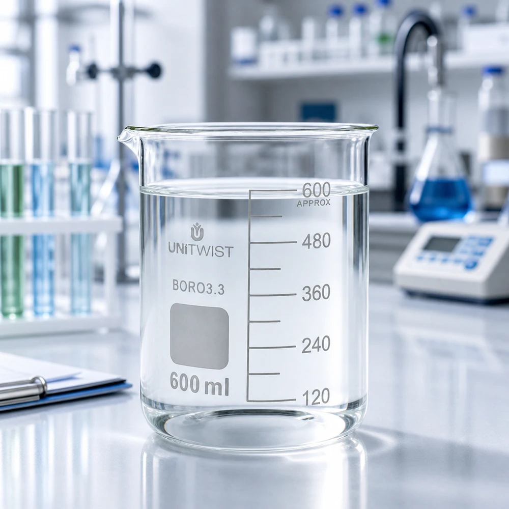 Vaso de precipitados UNiTWIST vacío de 600 ml, de borosilicato 3.3, de perfil bajo, transparente, para laboratorio