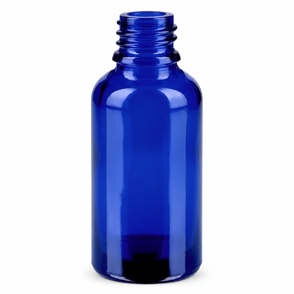 Botella 30ml 11mm tapón rosca blanco Estándar BlueLine UT18/30 Frasco de farmacia azul de 30 ml con rosca de 11 mm para aplicaciones farmacéuticas y medicamentos