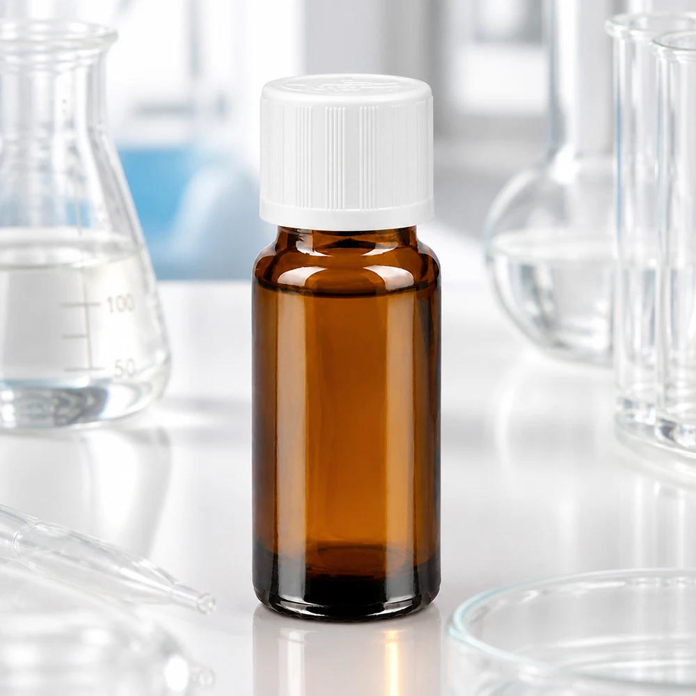 Frasco de cristal de 10 ml de color ámbar con tapón de seguridad blanco en un entorno de laboratorio
