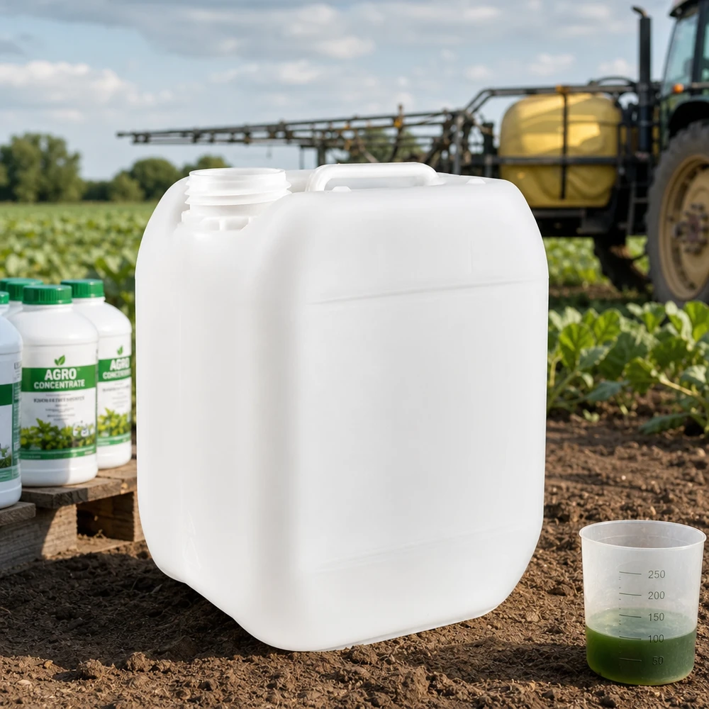 Jerrycan 5 litros sin tapón Bidón de 5 litros sin tapón para uso agrícola, junto a las botellas de Agro Konzentrat