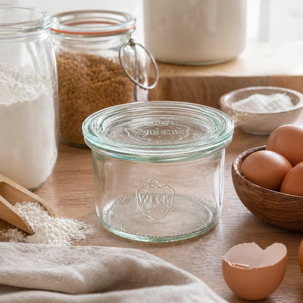 WECK 200ml RR80 mason jar con tapa de vidrio en una cocina rústica entre los ingredientes para hornear, harina, huevos y frascos de almacenamiento