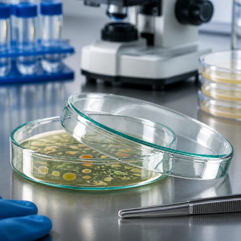 Placa de Petri de 100 x 20 mm de cristal con cultivos bacterianos en medio de cultivo en el laboratorio de microbiología