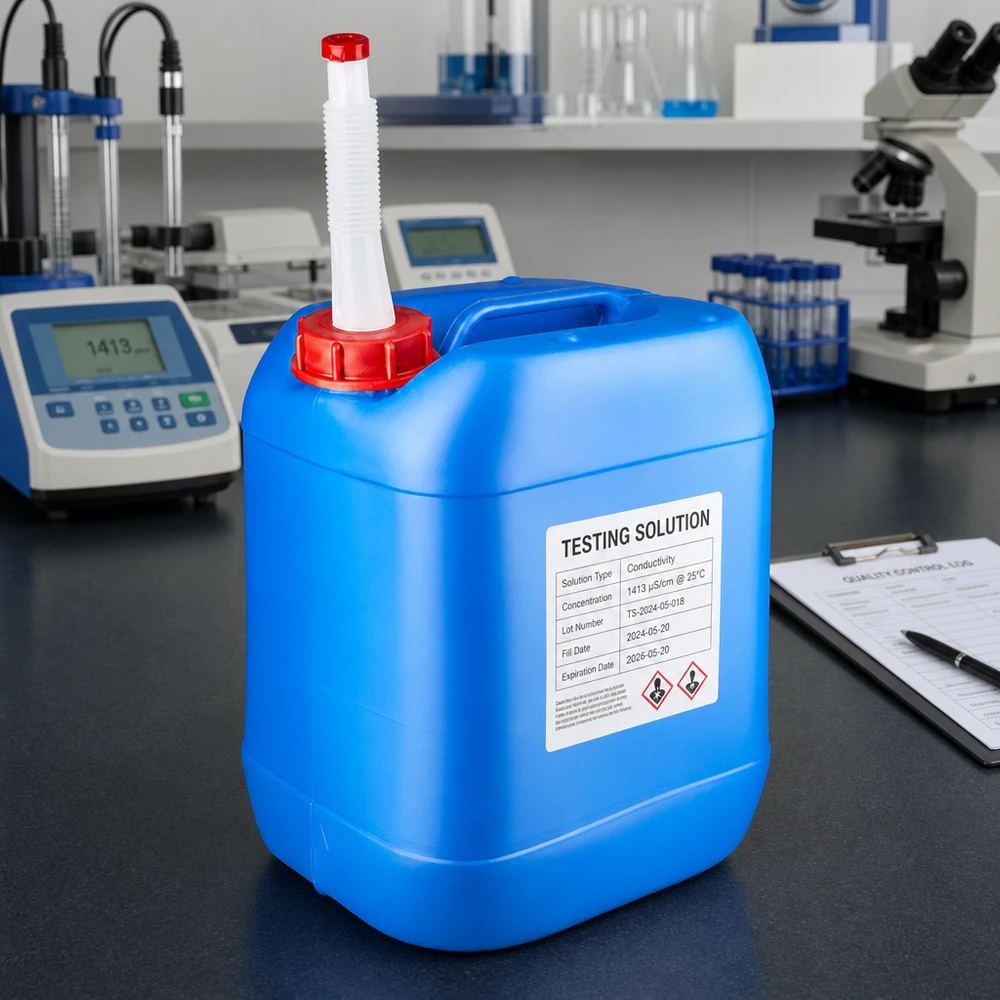 Bidón 20 litros azul con tubo de salida Flex Solución de conductividad de 1413 µS en un bidón azul de 20 litros con tubo de salida flexible en el laboratorio