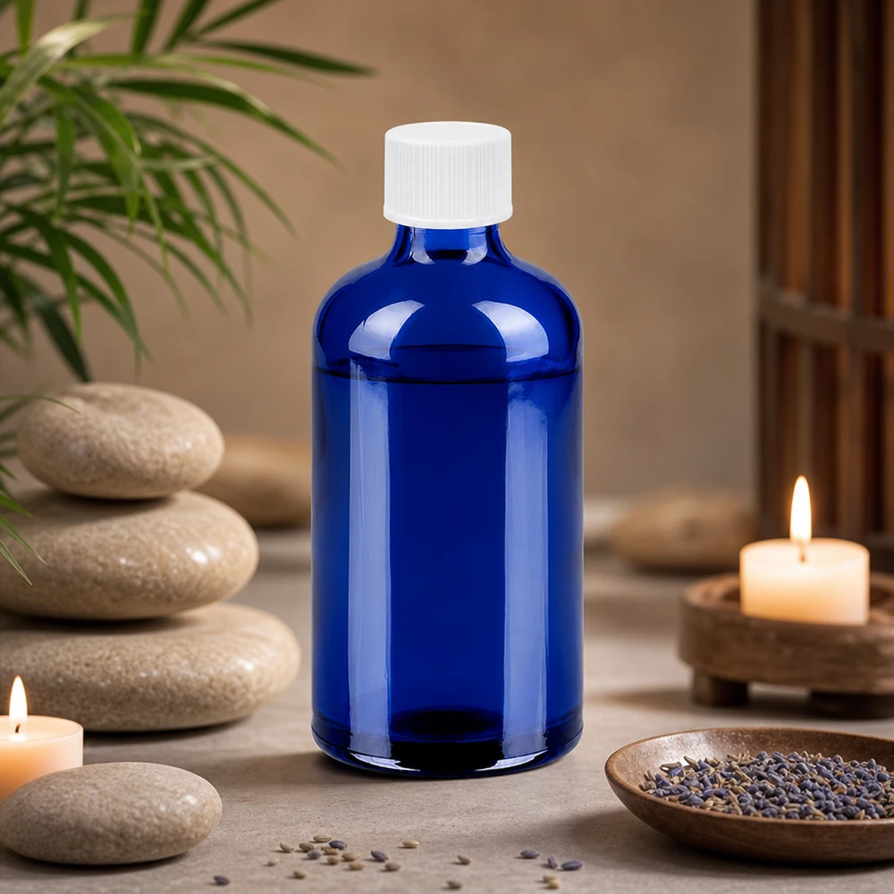 Botella compacta de vidrio de 100 ml en azul cobalto brillante con tapón blanco de 11 mm para uso móvil