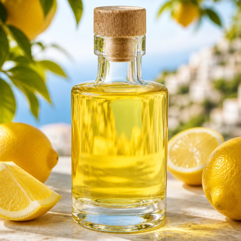 Botella de vidrio de 100 ml «Marie» con tapón de corcho con asa de madera UNiTWIST® Botella de cristal Marie de 100 ml con tapón de madera llena de aceite amarillo rodeado de limones en un ambiente mediterráneo