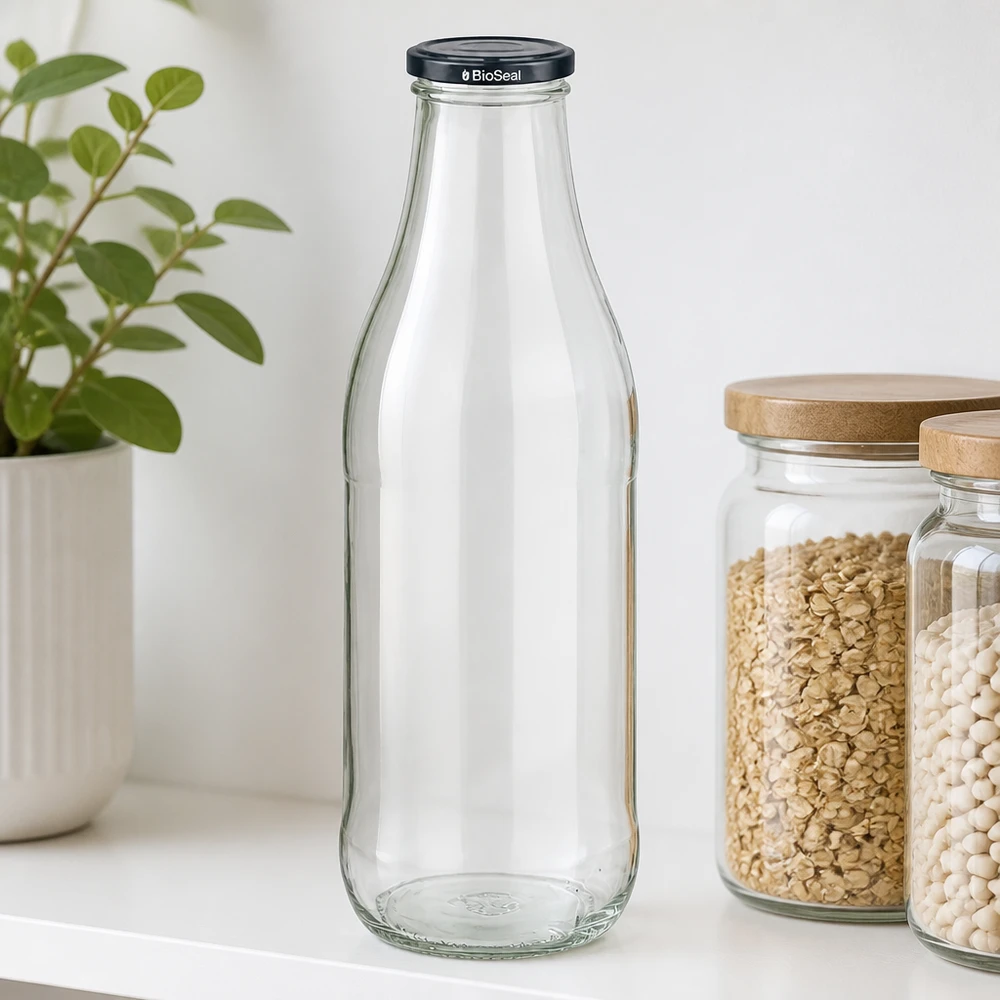 1000ml botella de vidrio BioSeal tapa negro cocina estante avena blanco frijoles almacenamiento tarros tapa de madera planta
