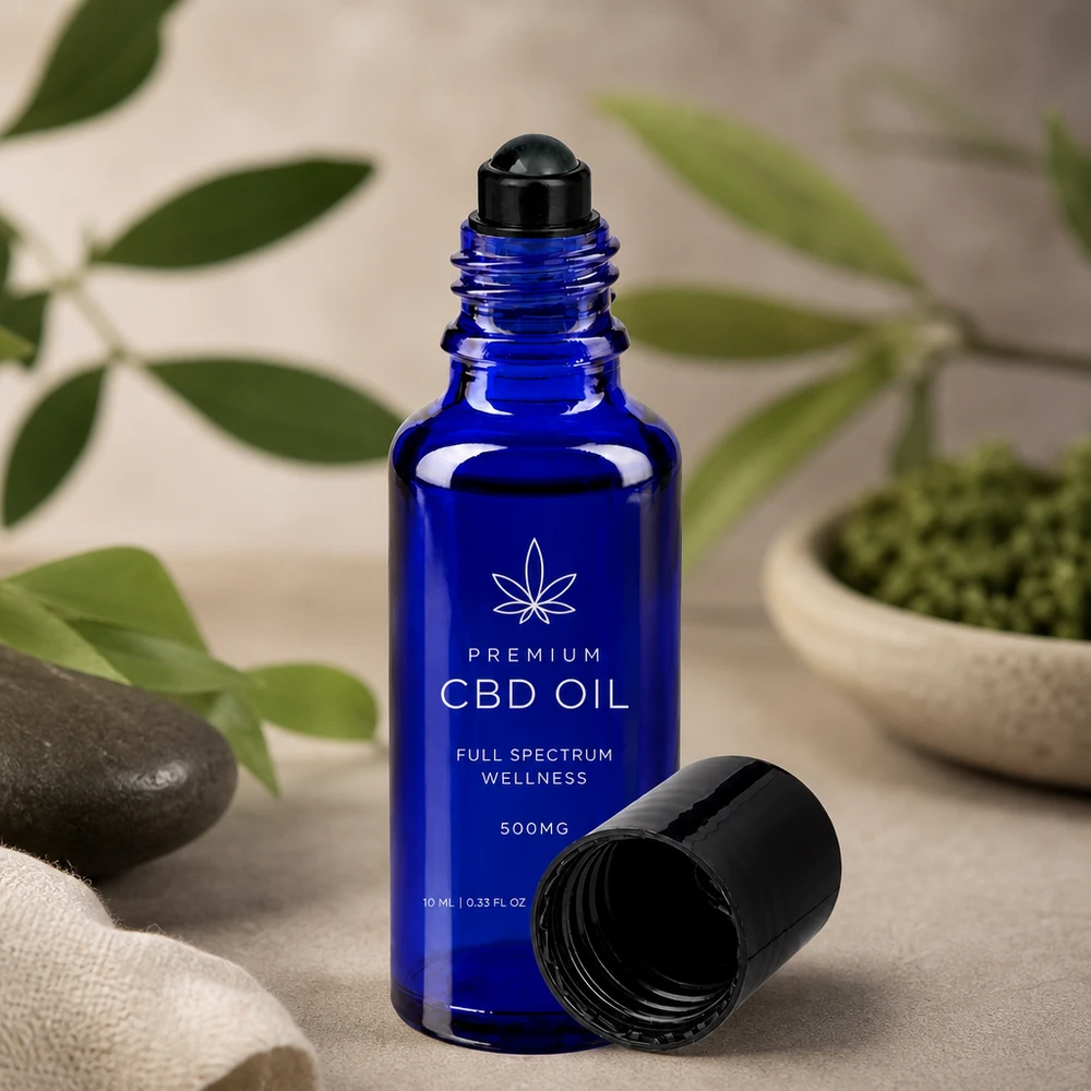 Frasco roll-on de 10 ml de color azul cobalto, de cristal de farmacia, con bola rodante negra para aceite de CBD