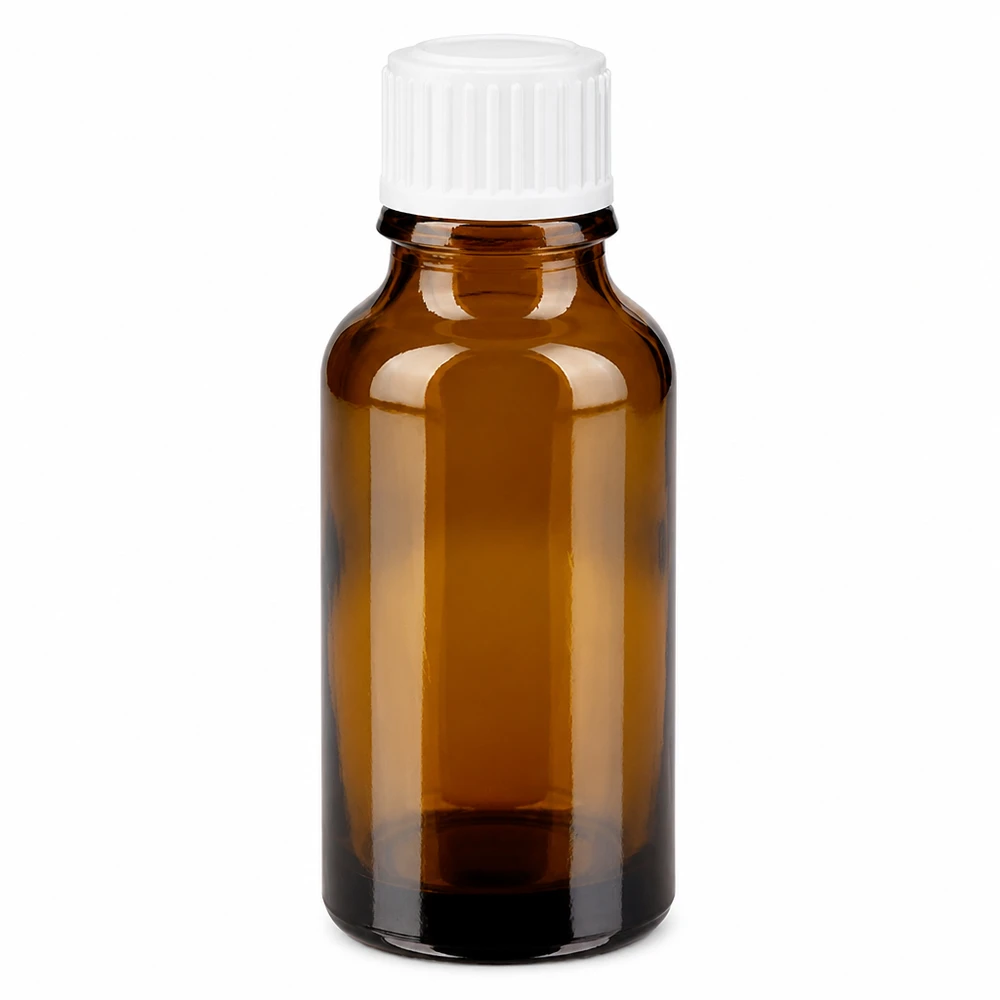 Botella de farmacia marrón 20ml tapón cuentagotas blanco 0.8mm estándar Frasco cuentagotas marrón de 20 ml, de cristal de farmacia, con tapón de seguridad para niños de color blanco