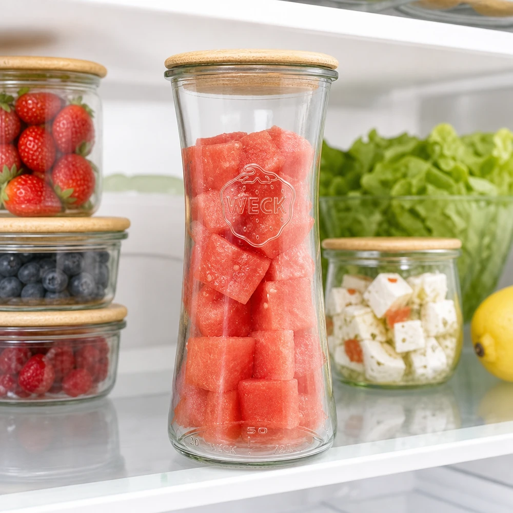 WECK tarro de almacenamiento 700ml RR80 lleno de sandía en la nevera entre bayas frescas y ensalada