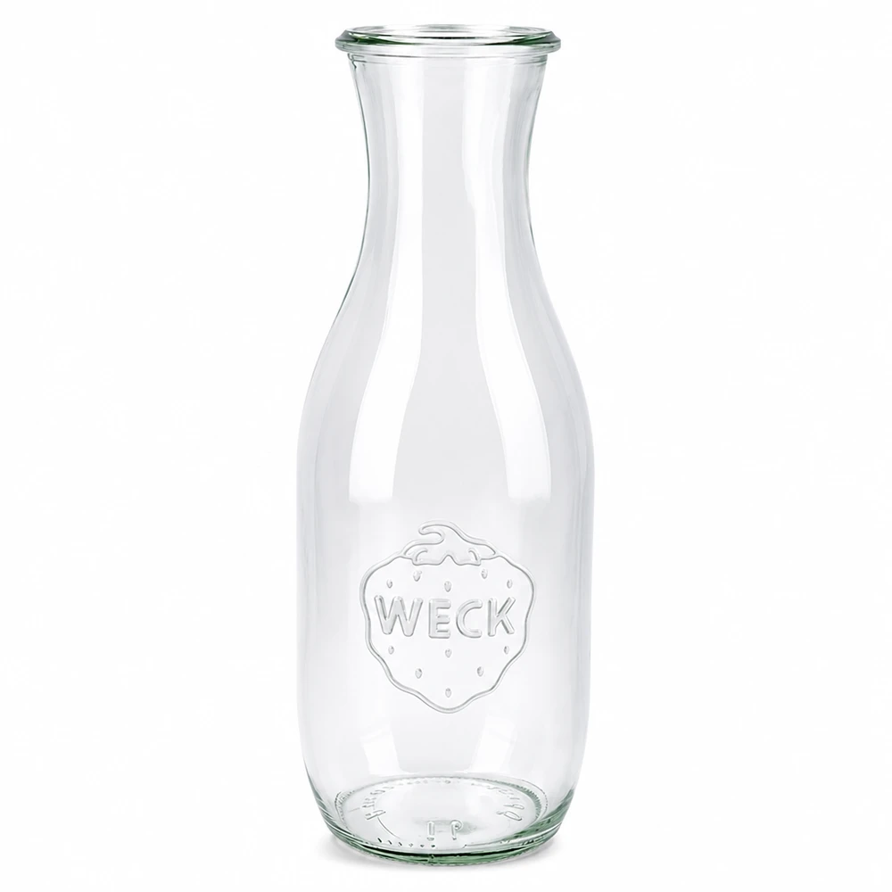 Botella para zumo WECK 1062ml RR60 de cristal transparente con logotipo en relieve y amplia abertura para zumos y bebidas
